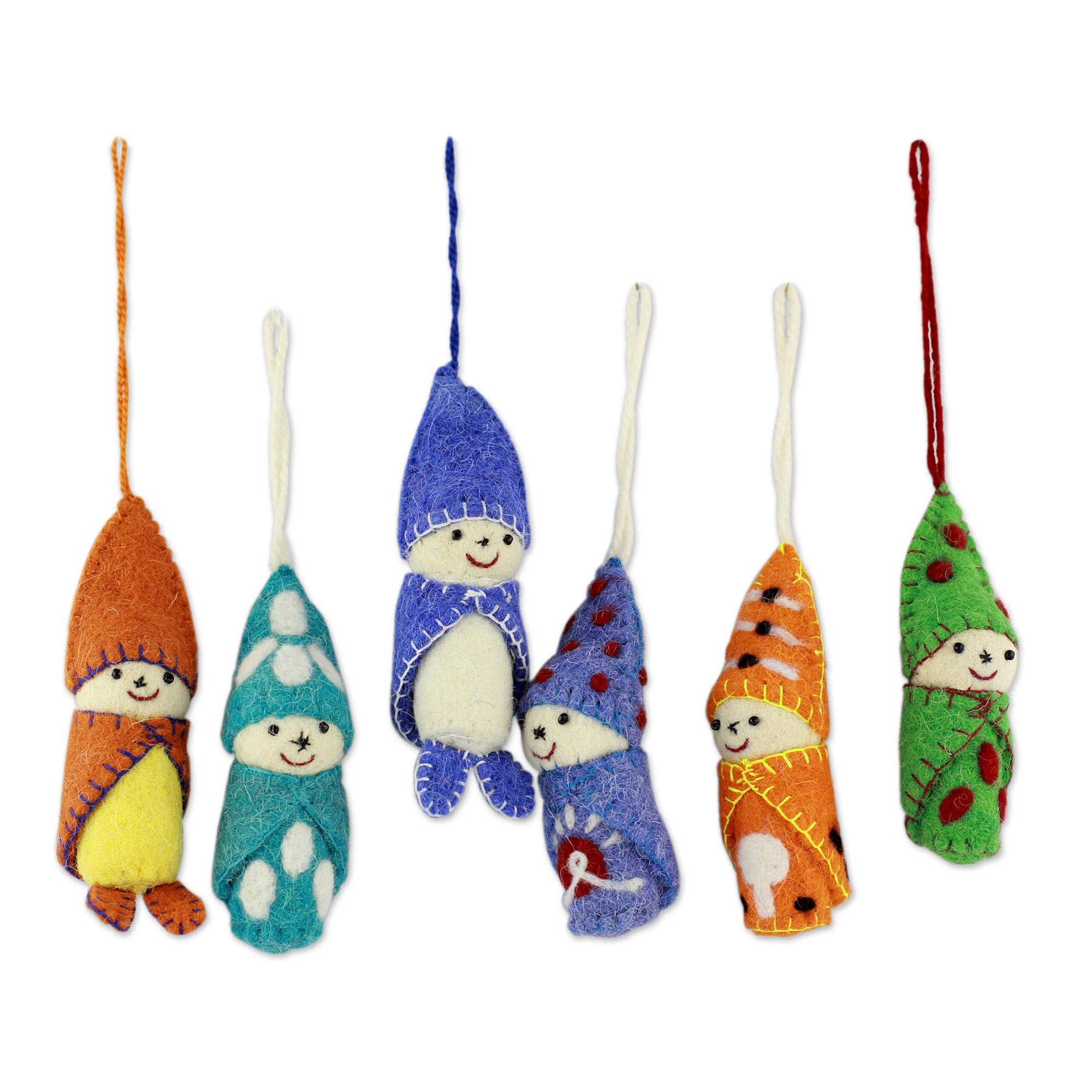 Cute Colorful SnowBabies in Snowsuits Set of 6 Handmade Wool Ornaments from India